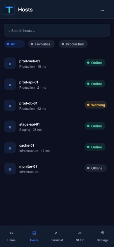 The Termuz host list on a phone.